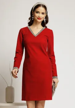 Rochie DY Fashion bordo din catifea fixa cu perle la decolteu si maneci imagine