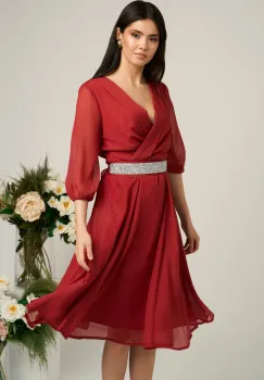 Rochie Dy Fashion bordo din voal cu fir stralucitor si cordon imagine