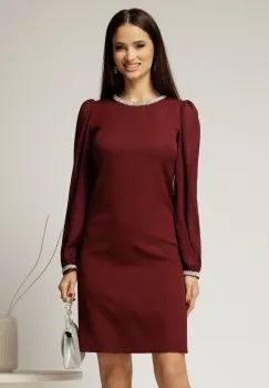 Rochie DY Fashion bordo eleganta cu maneci din voal si aplicatii la decolteu imagine