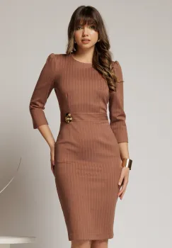 Rochie DY Fashion conica bej cu dungi si detaliu pe talie imagine