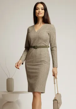 Rochie DY Fashion conica din stofa carou bleu si bej si curea in talie imagine