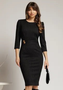 Rochie DY Fashion conica neagra cu dungi si detaliu pe talie imagine