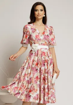Rochie DY Fashion cu imprimeu floral corai si floare in talie imagine
