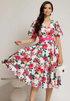 Rochie DY Fashion cu imprimeu floral fucsia si floare in talie imagine