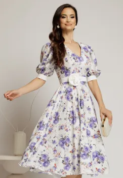 Rochie DY Fashion cu imprimeu floral lila si floare in talie imagine