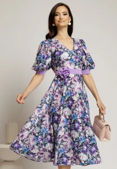 Rochie DY Fashion cu imprimeu floral mov si floare in talie imagine