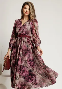 Rochie DY Fashion cu imprimeu magenta din voal cu decolteu petrecut imagine