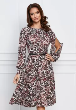 Rochie Dy Fashion cu imprimeu maro si decupaj pe maneci imagine