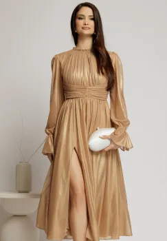 Rochie DY Fashion de ocazie aurie din tull cu guler incretit imagine