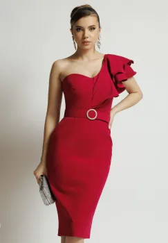 Rochie DY Fashion de ocazie din stofa magenta cu un umar gol si catarama in talie imagine