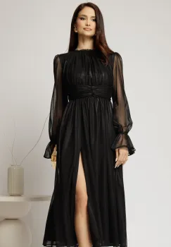 Rochie DY Fashion de ocazie neagra din tull cu guler incretit imagine