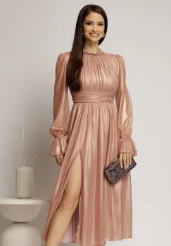 Rochie DY Fashion de ocazie roz sidefat din tull cu guler incretit imagine