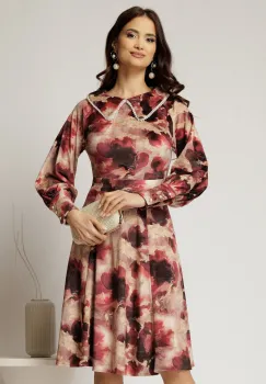 Rochie DY Fashion din catifea cu print grena si perle la guler imagine