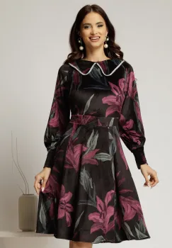 Rochie DY Fashion din catifea cu print magenta si perle la guler imagine