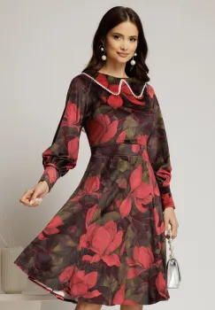 Rochie DY Fashion din catifea cu print rosu si perle la guler imagine