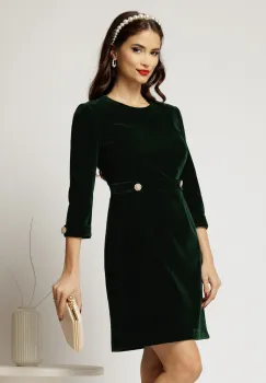 Rochie DY Fashion din catifea fixa verde cu nasturi pe talie imagine