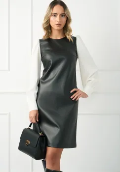 Rochie DY Fashion din piele ecologica neagra cu maneci din voal albe imagine