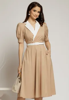 Rochie DY Fashion din poplin bej cu guler in contrast si curea in talie imagine