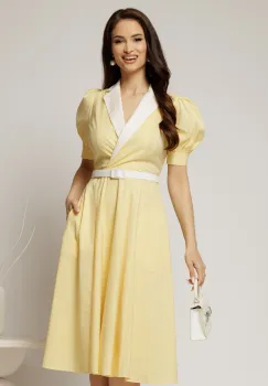 Rochie DY Fashion din poplin galben cu guler in contrast si curea in talie imagine