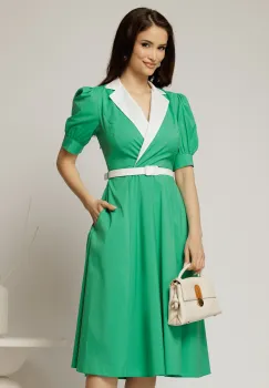 Rochie DY Fashion din poplin verde cu guler in contrast si curea in talie imagine