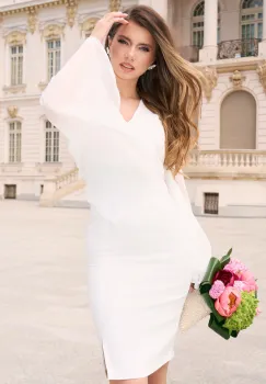 Rochie DY Fashion din stofa alba cu maneci ample din voal imagine