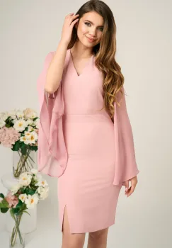 Rochie DY Fashion din stofa roz cu maneci ample din voal imagine