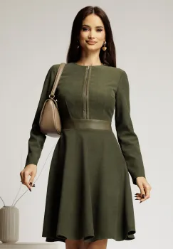 Rochie DY Fashion din stofa velur kaki cu fermoar metalic decorativ si insertii din piele imagine