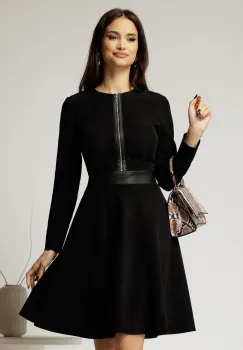 Rochie DY Fashion din stofa velur neagra cu fermoar metalic decorativ si insertii din piele imagine