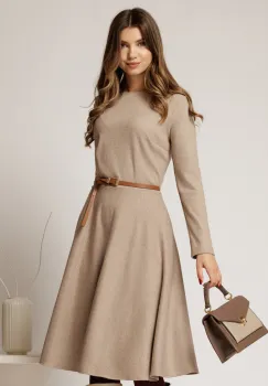 Rochie DY Fashion din tricot beige cu curea subtire si fusta clos imagine