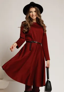 Rochie DY Fashion din tricot burgundy cu curea subtire si fusta clos imagine
