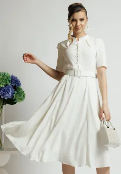 Rochie DY Fashion din triplu voal alba cu nasturi la bust si curea in talie imagine