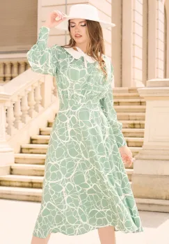 Rochie DY Fashion din viscoza alba cu imprimeuri verzi si funda la decolteu imagine