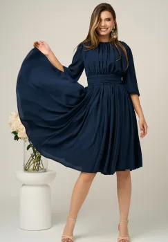 Rochie DY Fashion din voal bleumarin clos cu pliuri imagine