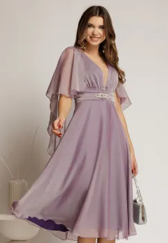 Rochie DY Fashion din voal lila in V capa si accesoriu in talie imagine