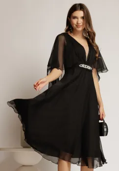 Rochie DY Fashion din voal negru in V capa si accesoriu in talie imagine