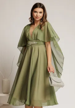 Rochie DY Fashion din voal verde in V capa si accesoriu in talie imagine
