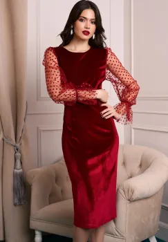 Rochie DY Fashion eleganta din catifea bordo cu maneci din tull cu buline imagine