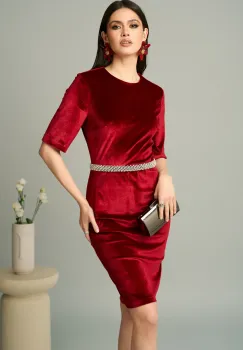 Rochie DY Fashion eleganta din catifea burgundy cu perle in talie imagine