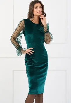 Rochie DY Fashion eleganta din catifea verde cu maneci din tull cu buline imagine