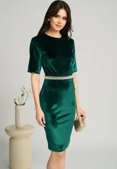 Rochie DY Fashion eleganta din catifea verde cu perle in talie imagine