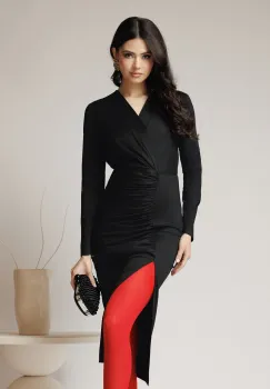 Rochie DY Fashion eleganta din lycra neagra cu fronseu pe fusta imagine