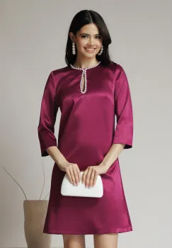 Rochie DY Fashion eleganta din satin magenta cu perle la bust imagine