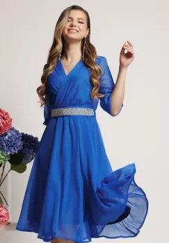 Rochie Dy Fashion eleganta din voal albastra cu fir stralucitor si cordon imagine