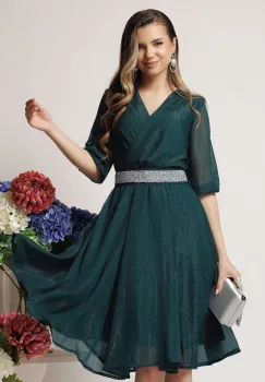 Rochie DY Fashion eleganta din voal verde inchis cu fir stralucitor si cordon imagine