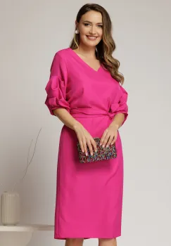 Rochie DY Fashion fucsia cu adaos de viscoza cu croi drept si maneci bufante imagine