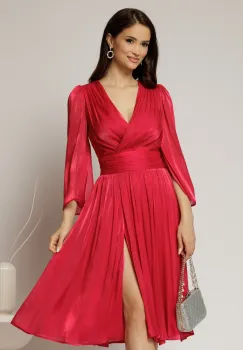 Rochie DY Fashion fucsia de ocazie din voal peliculizat cu maneci crapate imagine