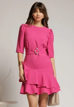 Rochie DY Fashion fucsia scurta cu volanase pe fusta si cordon detasabil imagine