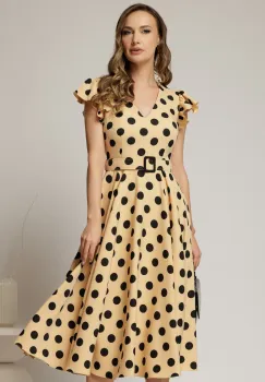 Rochie DY Fashion galben pai cu buline si curea in talie imagine