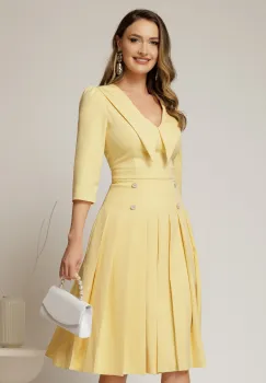Rochie DY Fashion galbena cu decolteu cu guler ascutit si fusta plisata imagine