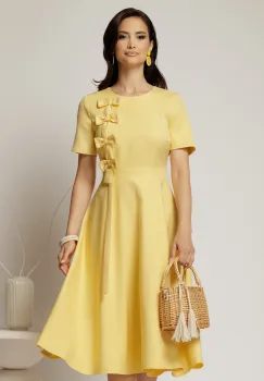 Rochie DY Fashion galbena cu funde pe bust si maneci scurte imagine